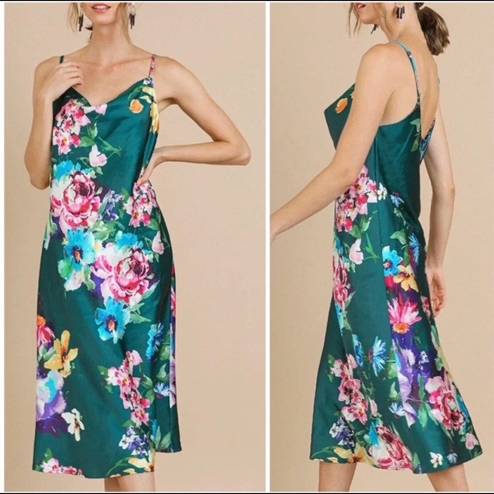 Floral Print Midi Dress Green Pink - Picture 2 of 3